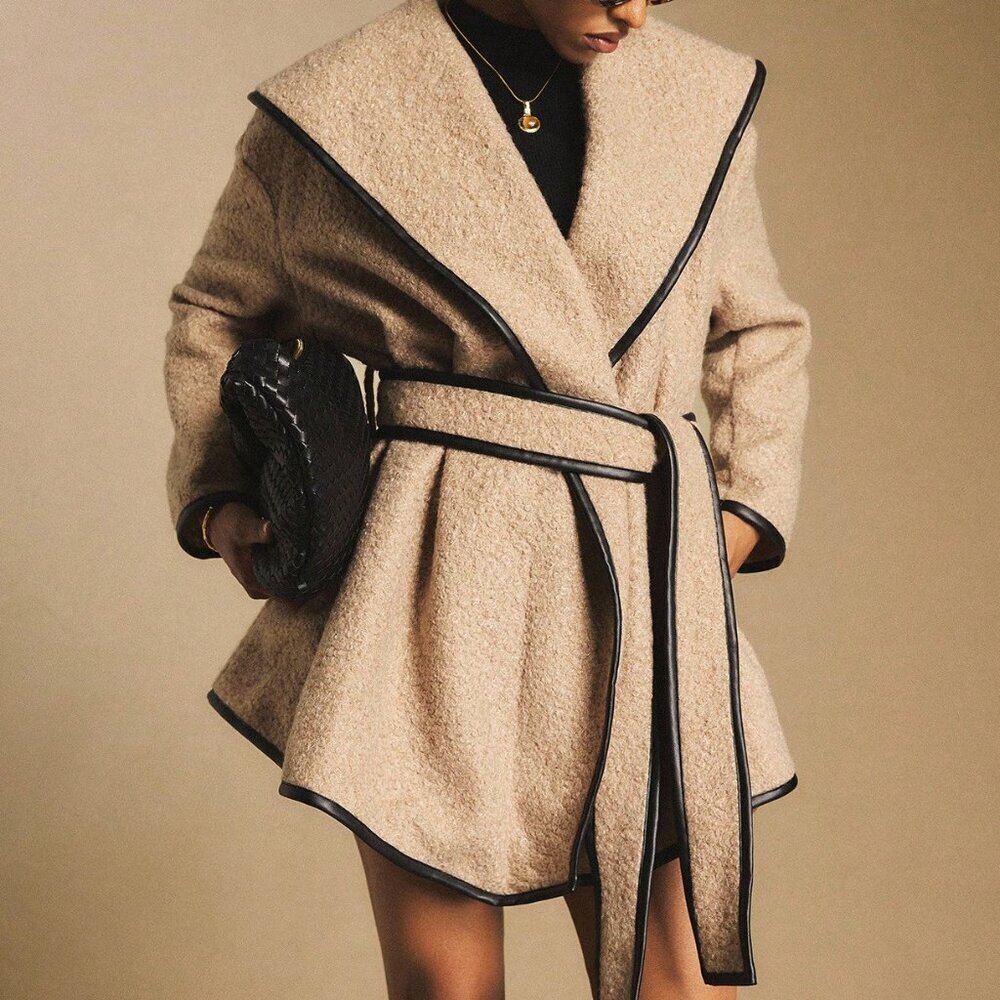 Camel Elegant Women's Skater Overcoat with Contrast Faux Leather Piping